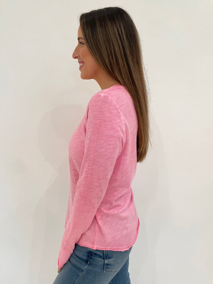 Elliott Lauren Raw Edge Long Sleeve Tee in Azalea available at Barbara Katz