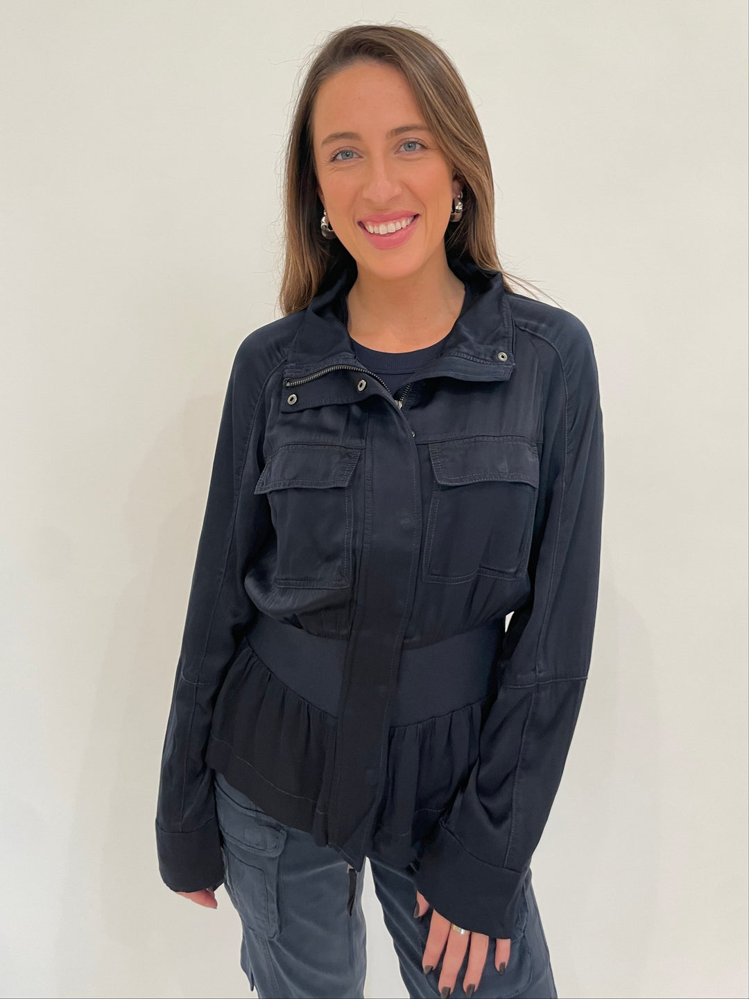 Marrakech Solara Viscose Satin Peplum Jacket in Blue Nights available at Barbara Katz