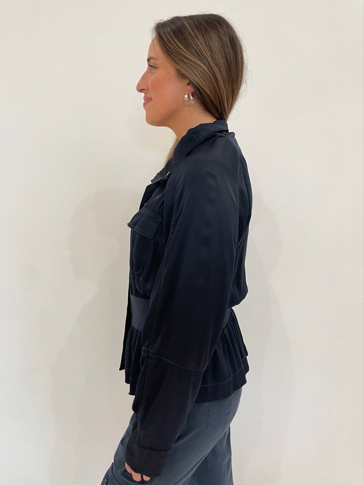 Marrakech Solara Viscose Satin Peplum  Long Sleeve Jacket in Blue Nights available at Barbara Katz