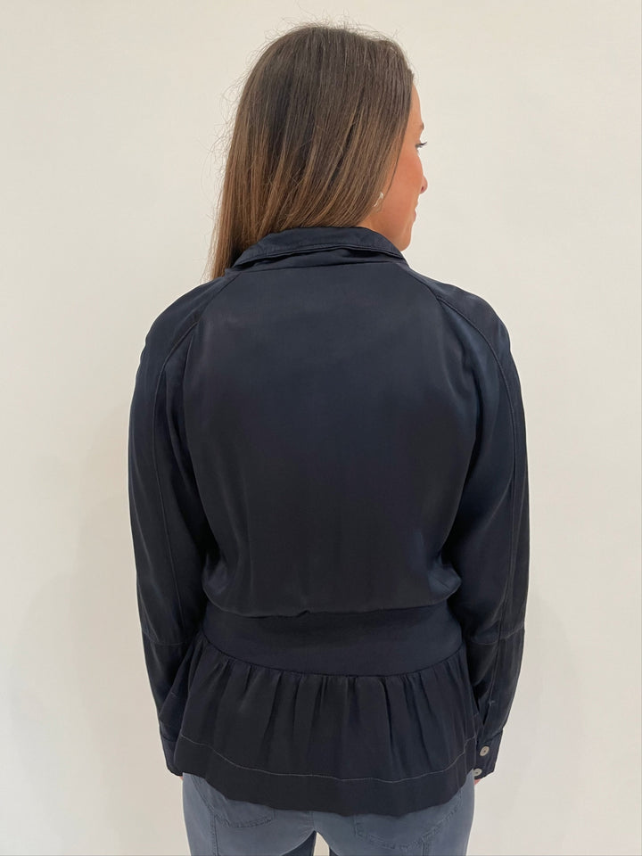 Marrakech Solara Viscose Satin Peplum Jacket in Blue Nights available at Barbara Katz