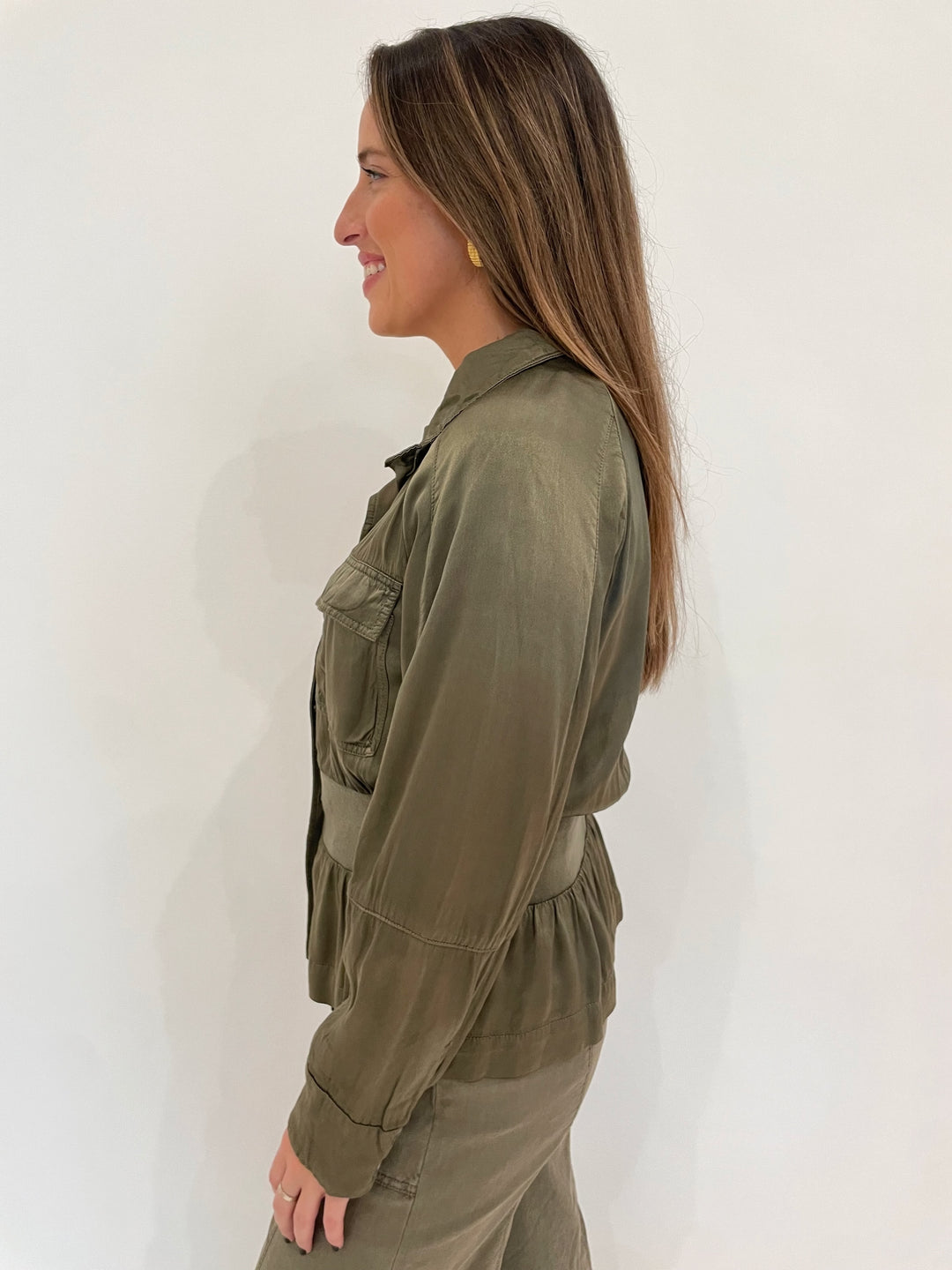 Marrakech Solara Viscose Satin Peplum  Long Sleeve Jacket in Oregano available at Barbara Katz