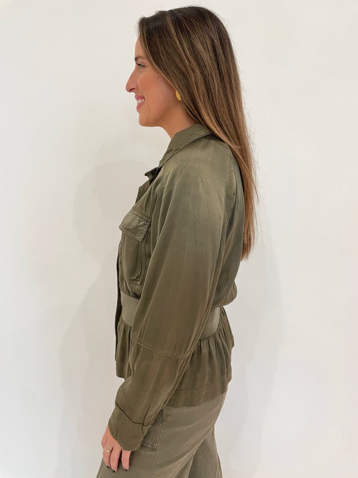 Marrakech Solara Viscose Satin Peplum  Long Sleeve Jacket in Oregano available at Barbara Katz