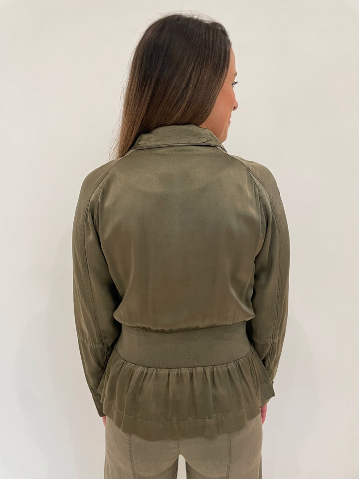 Marrakech Solara Viscose Satin Peplum Jacket in Oregano available at Barbara Katz