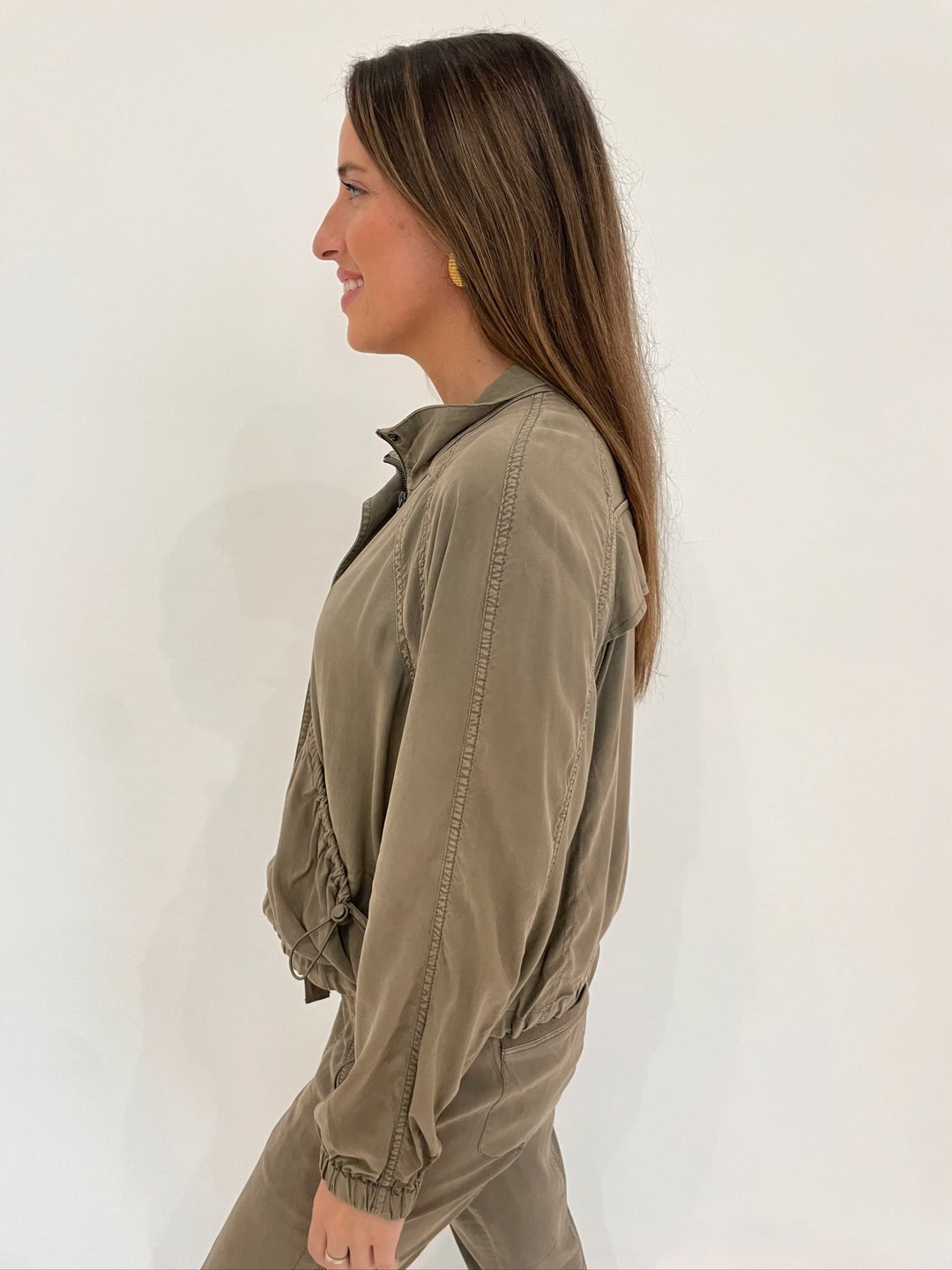 Marrakech Bali Stretch Cupro Windbreaker Long Sleeve Jacket in Oregano available at Barbara Katz