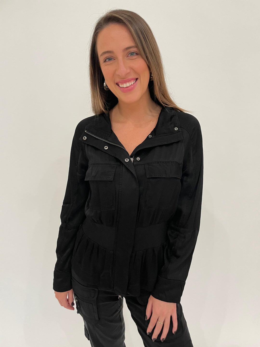 Marrakech Solara Viscose Satin Peplum Jacket in Black available at Barbara Katz