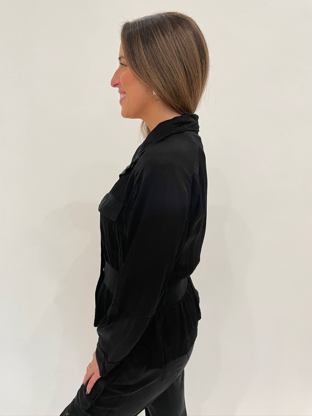 Marrakech Solara Viscose Satin Peplum Long Sleeve Jacket in Black available at Barbara Katz