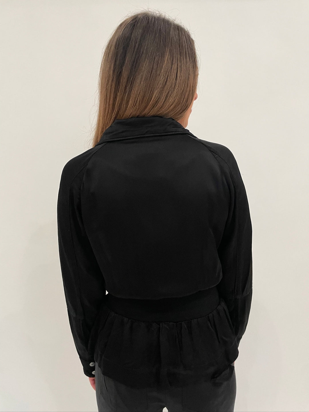 Marrakech Solara Viscose Satin Peplum Jacket in Black available at Barbara Katz