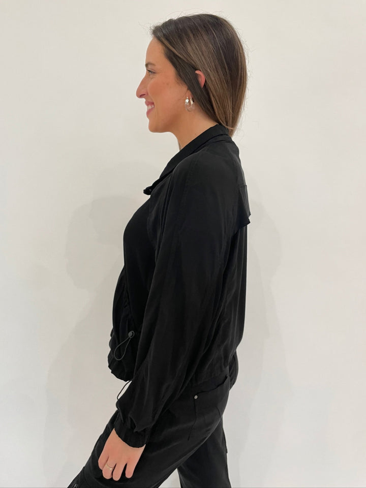 Marrakech Bali Stretch Cupro Windbreaker Long Sleeve Jacket in Black available at Barbara Katz