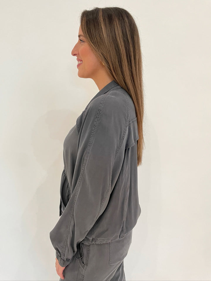 Marrakech Bali Stretch Cupro Windbreaker Long Sleeve Jacket in Gunmetal available at Barbara Katz