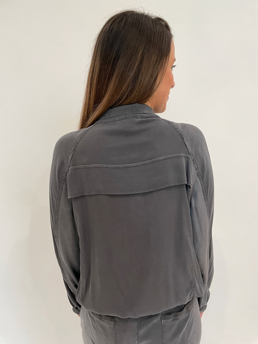 Marrakech Bali Stretch Cupro Windbreaker Jacket in Gunmetal available at Barbara Katz