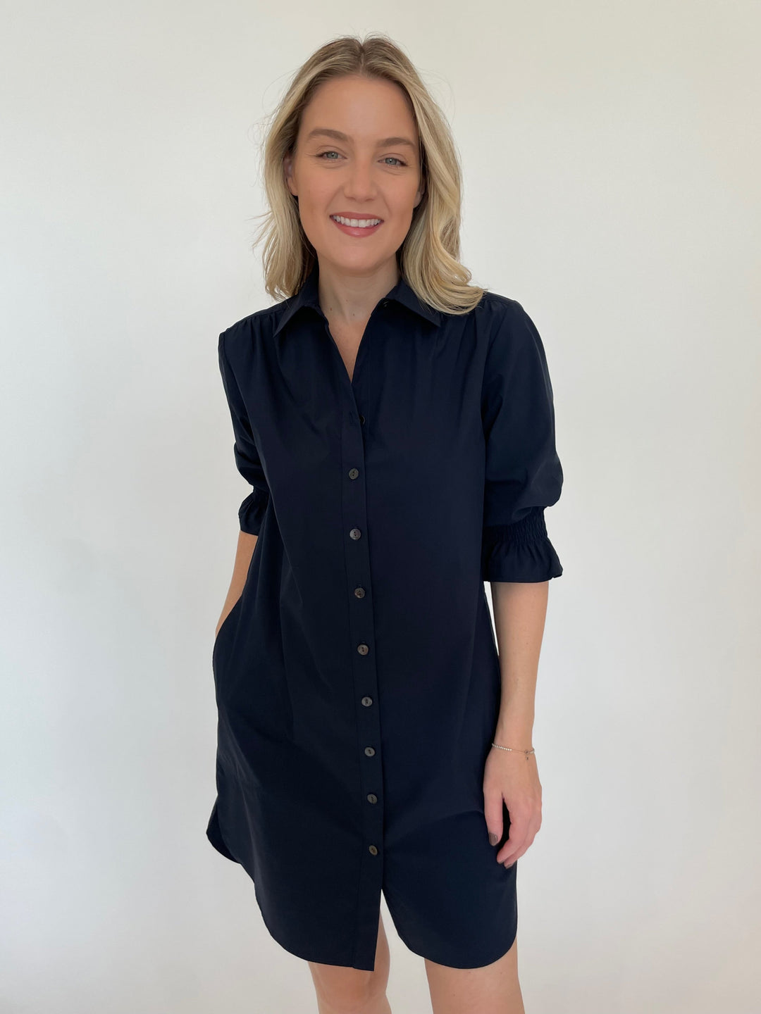 Finley Miller Weathercloth Shirt Dress in Navy available at Barbara Katz