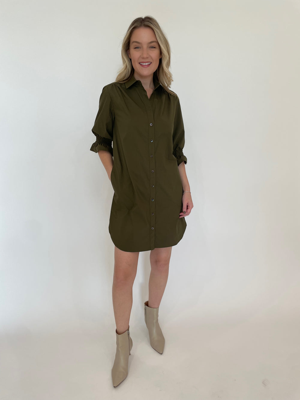 Finley Miller Weathercloth Mini Shirt Dress in Olive available at Barbara Katz