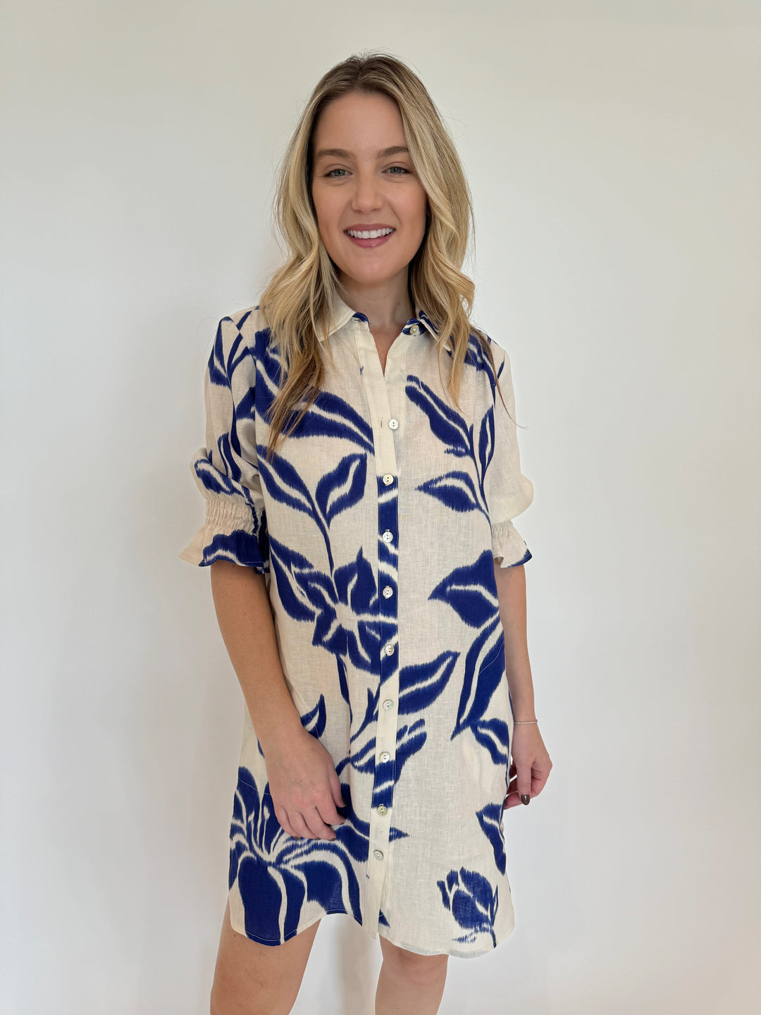 Miller Batik Print Shirt Dress in Natural/Royal Blue available at Barbara Katz