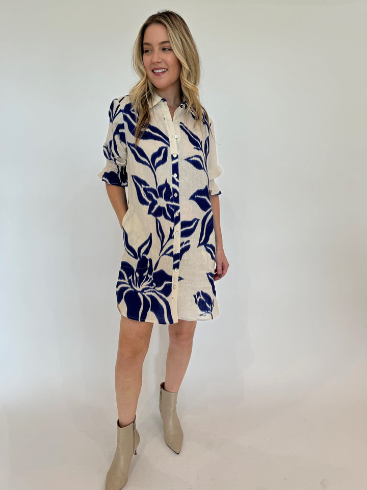 Miller Batik Print Shirt Dress in Natural/Royal Blue available at Barbara Katz