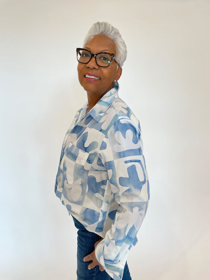 Finley Andie Matisse Print Crop Long Sleeve Shirt in White/Blue available at Barbara Katz