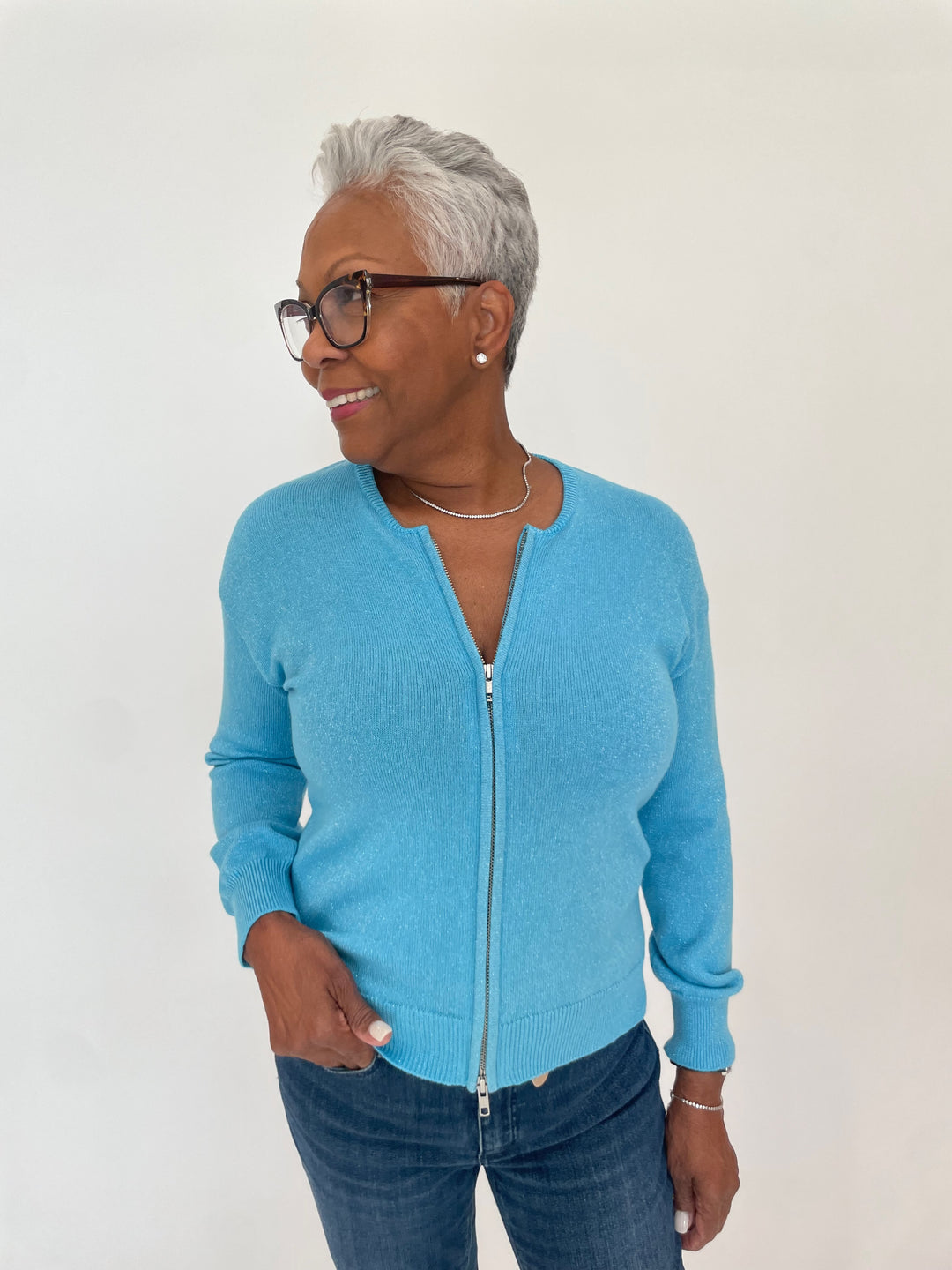 Pure Amici Megan Zip-Up Metallic Cardigan in Turquoise available at Barbara Katz