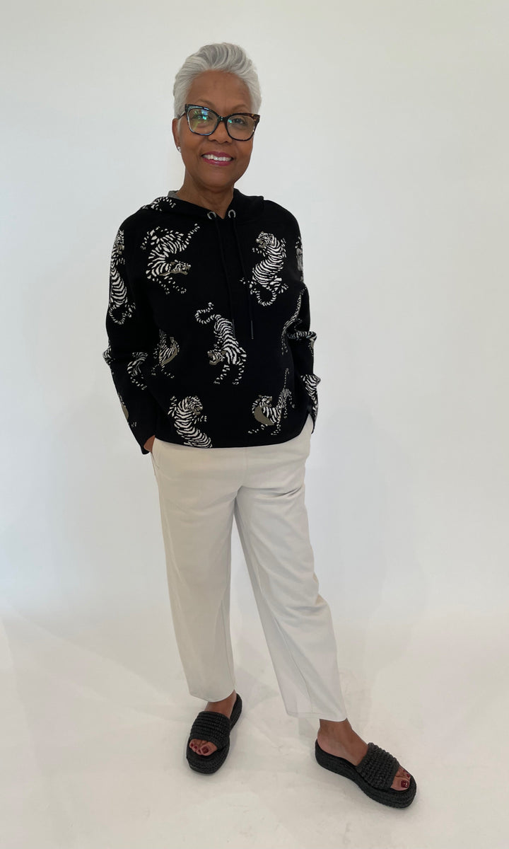 Oui Tiger Pullover Sweater in Black/Off White paired with Lysse Anelise Barrel Trouser in Oat available at Barbara Katz