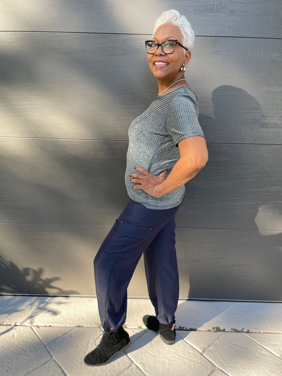 Oui Sequin T-Shirt in Black paired with Lysse Monique Tailored Cargo Pants in Solid Indigo available at Barbara Katz