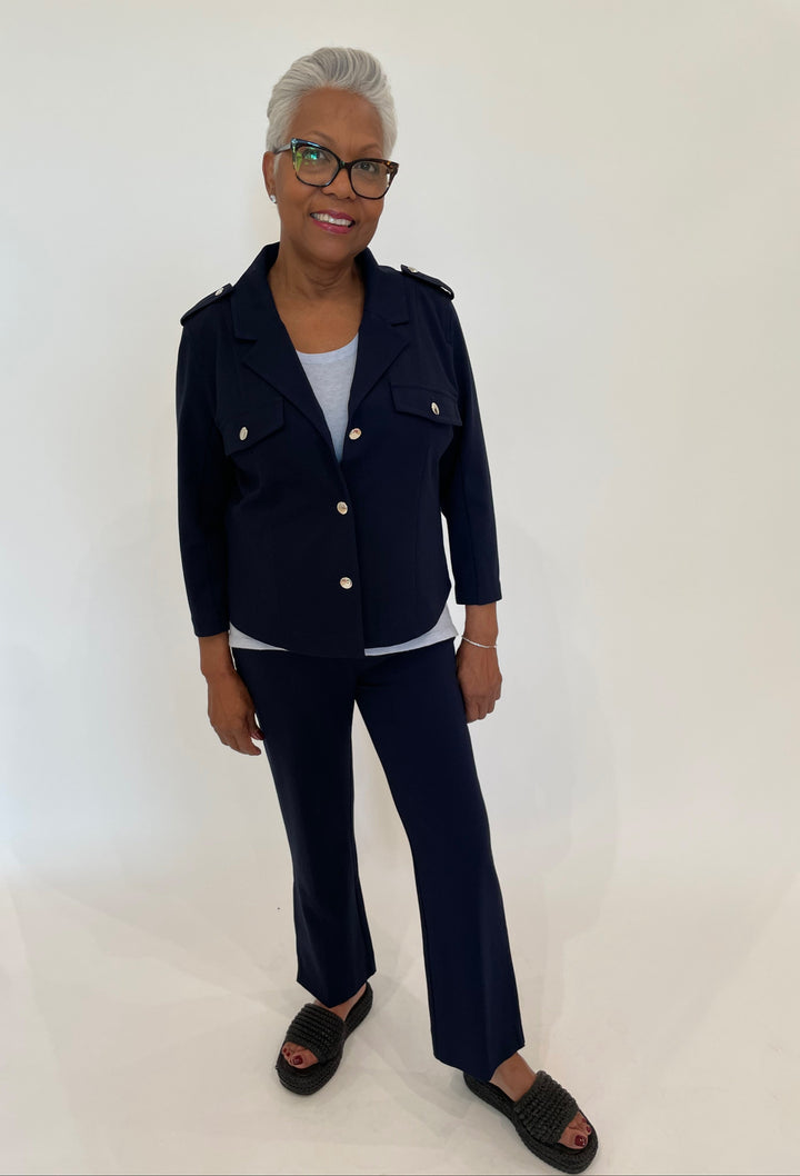 Lysse Veronica Ponte Crop Blazer in True Navy paired with Lysse Baby Bootcut Ankle Pants in True Navy available at Barbara Katz