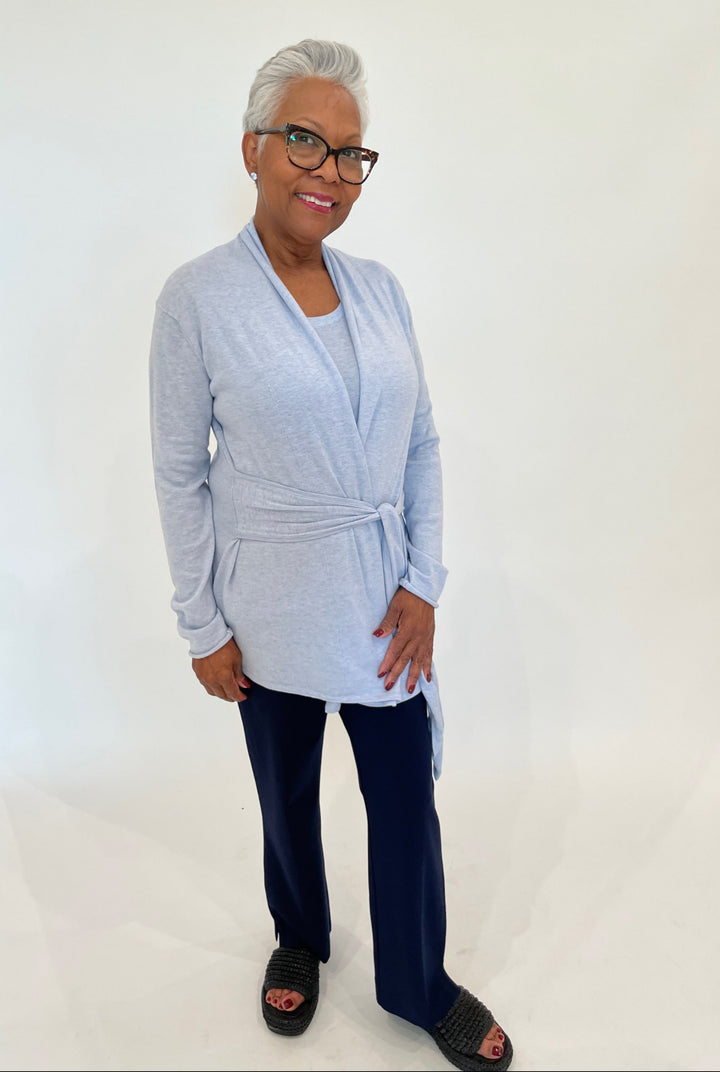 Pure Amici Hilary Cardigan in Sky paired with Lysse Baby Bootcut Ankle Pants in True Navy available at Barbara Katz