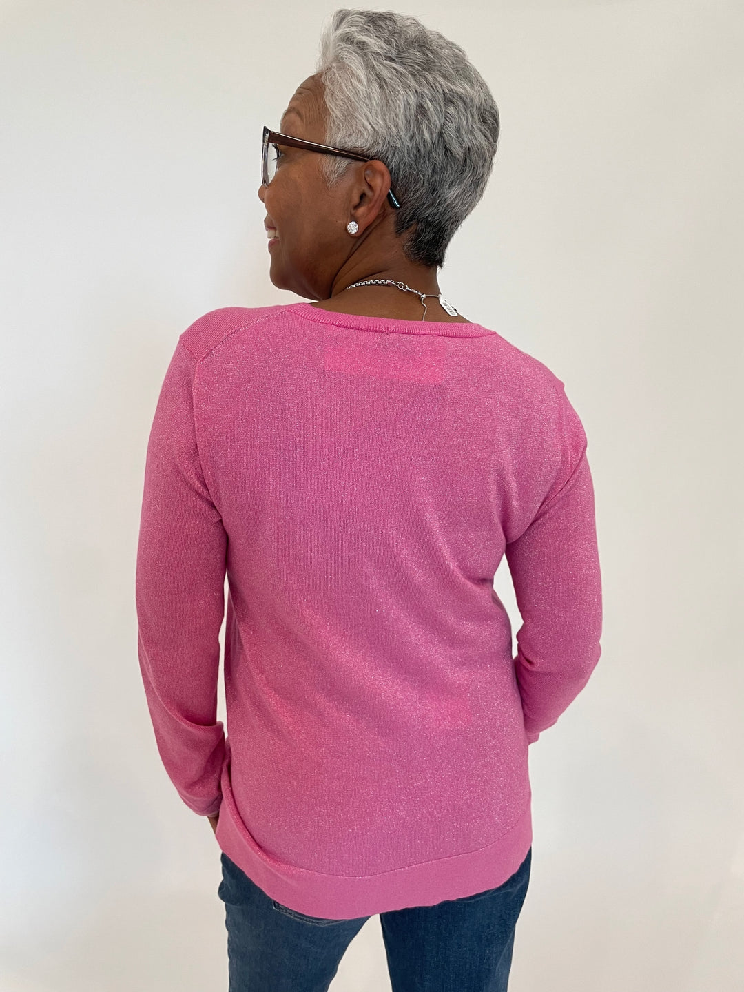 Pure Amici Tracy Lurex Crew Sweater in Punch available at Barbara Katz