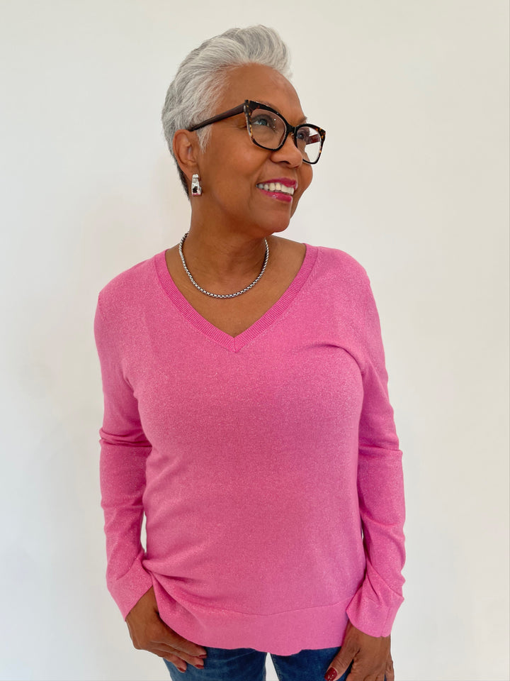 Pure Amici Tillie Lurex V-Neck Sweater in Punch available at Barbara Katz