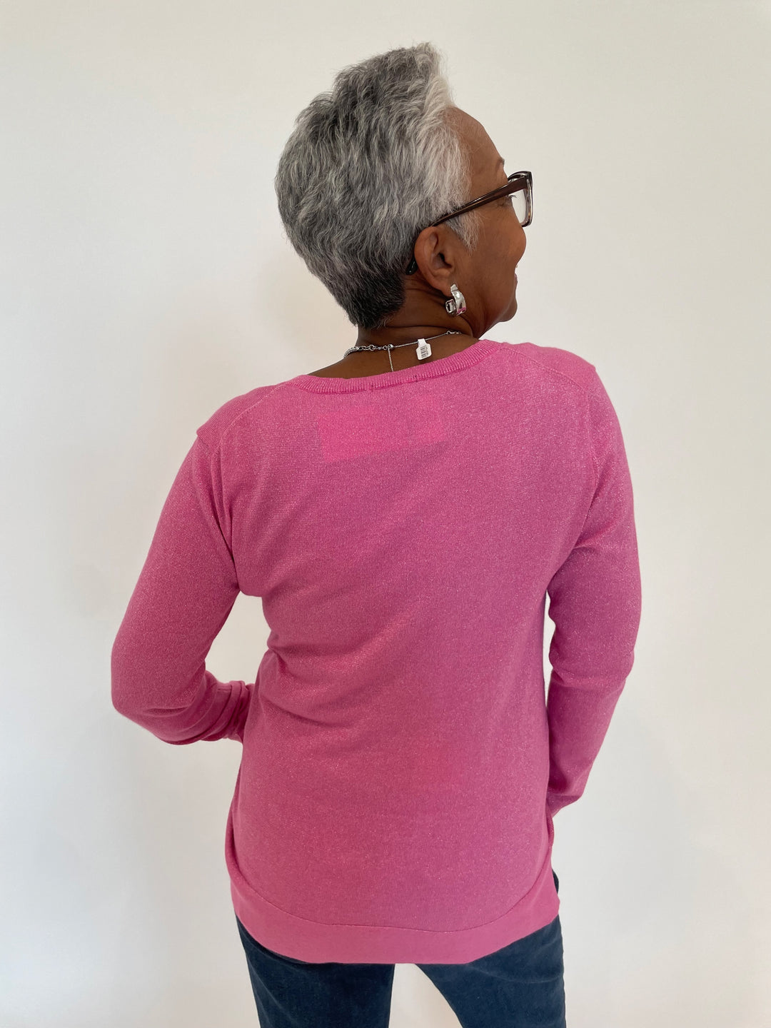 Pure Amici Tillie Lurex V-Neck Sweater in Punch available at Barbara Katz