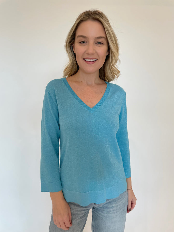 Pure Amici Heather 3/4 V-Neck Metallic Sweater in Turquoise available at Barbara Katz