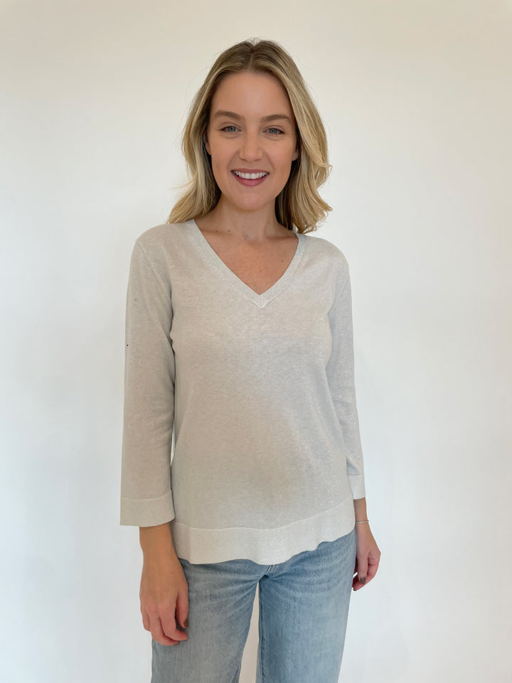 Pure Amici Heather 3/4 V-Neck Metallic Sweater in White available at Barbara Katz