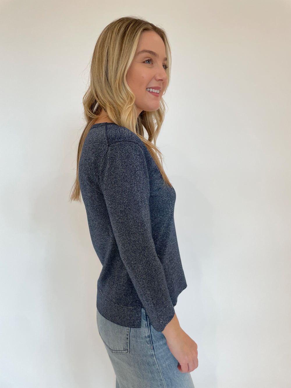 Pure Amici Heather 3/4 Sleeve V-Neck Metallic Sweater in Navy available at Barbara Katz