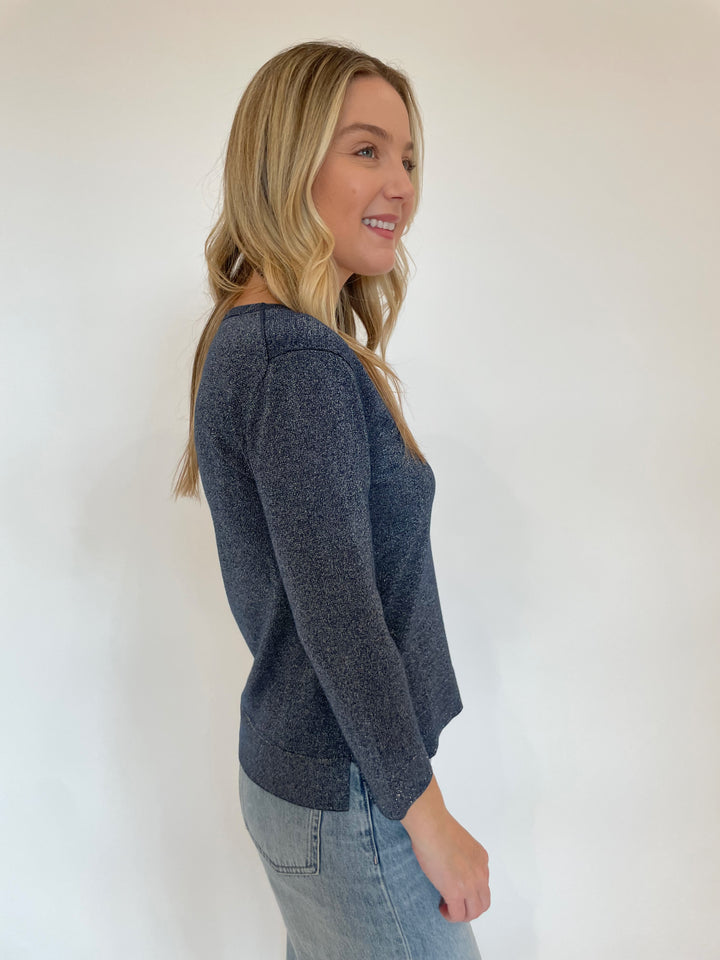 Pure Amici Heather 3/4 Sleeve V-Neck Metallic Sweater in Navy available at Barbara Katz