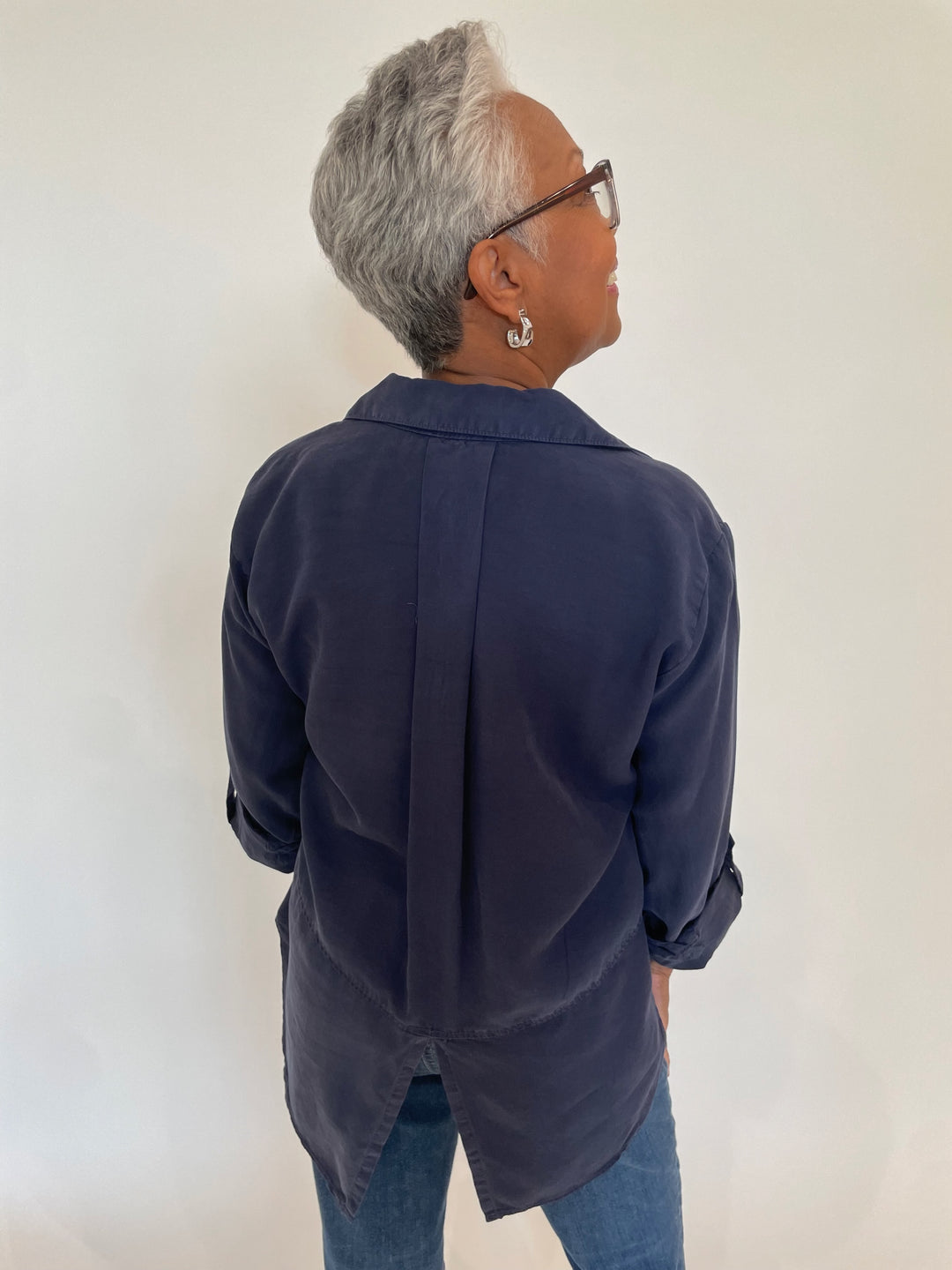 BK Riley Roll Sleeve Split Back Shirt in Midnight Navy available at Barbara Katz