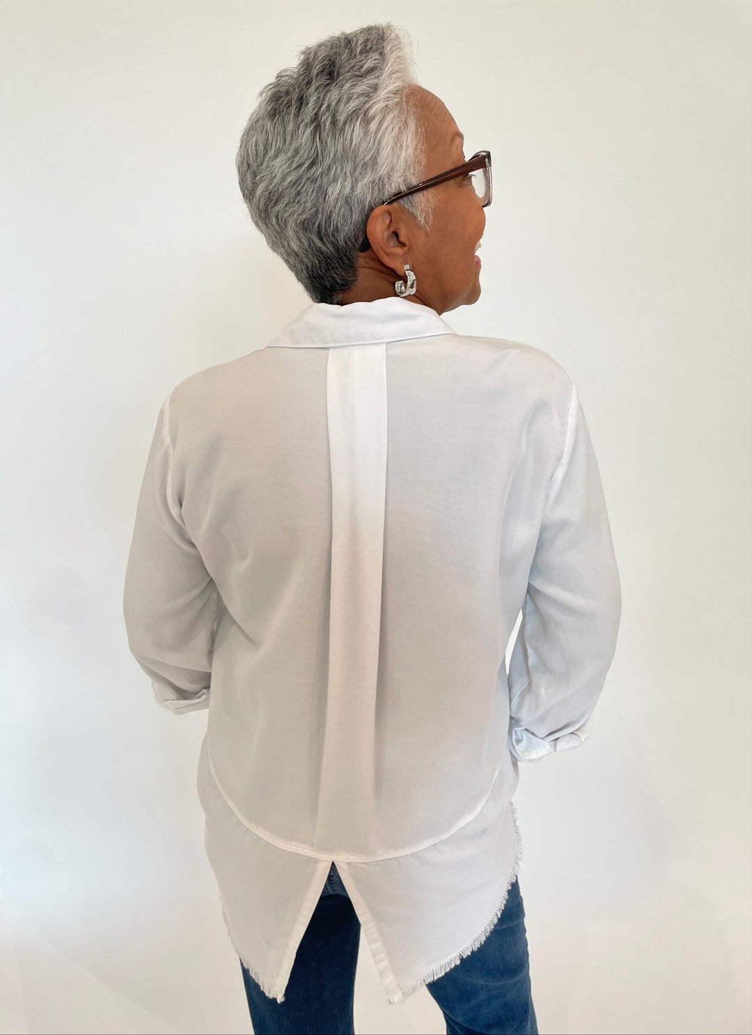 BK Riley Roll Sleeve Split Back Shirt in White available at Barbara Katz