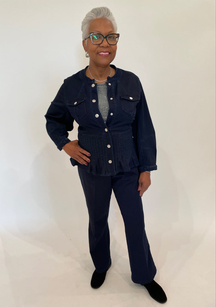 Peace of Cloth Denim Stitch Band Collar Jacket in Indigo paired with matching Ella Denim Ankle Flare Pants available at Barbara Katz