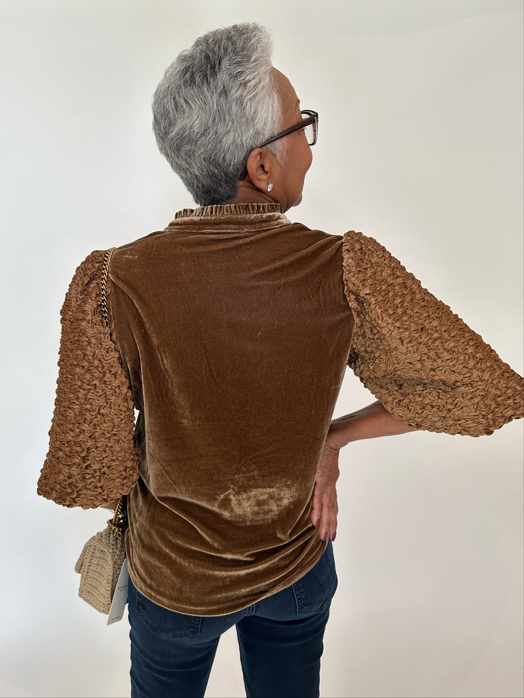 BK Ivy Velvet Puff Sleeve Top in Brown available at Barbara Katz