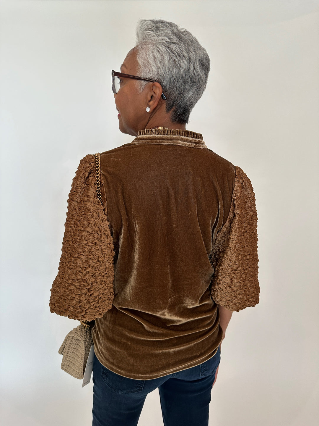 BK Ivy Velvet Puff Sleeve Top in Brown with Noam Hazan Noelle Bag in Cream available at Barbara Katz