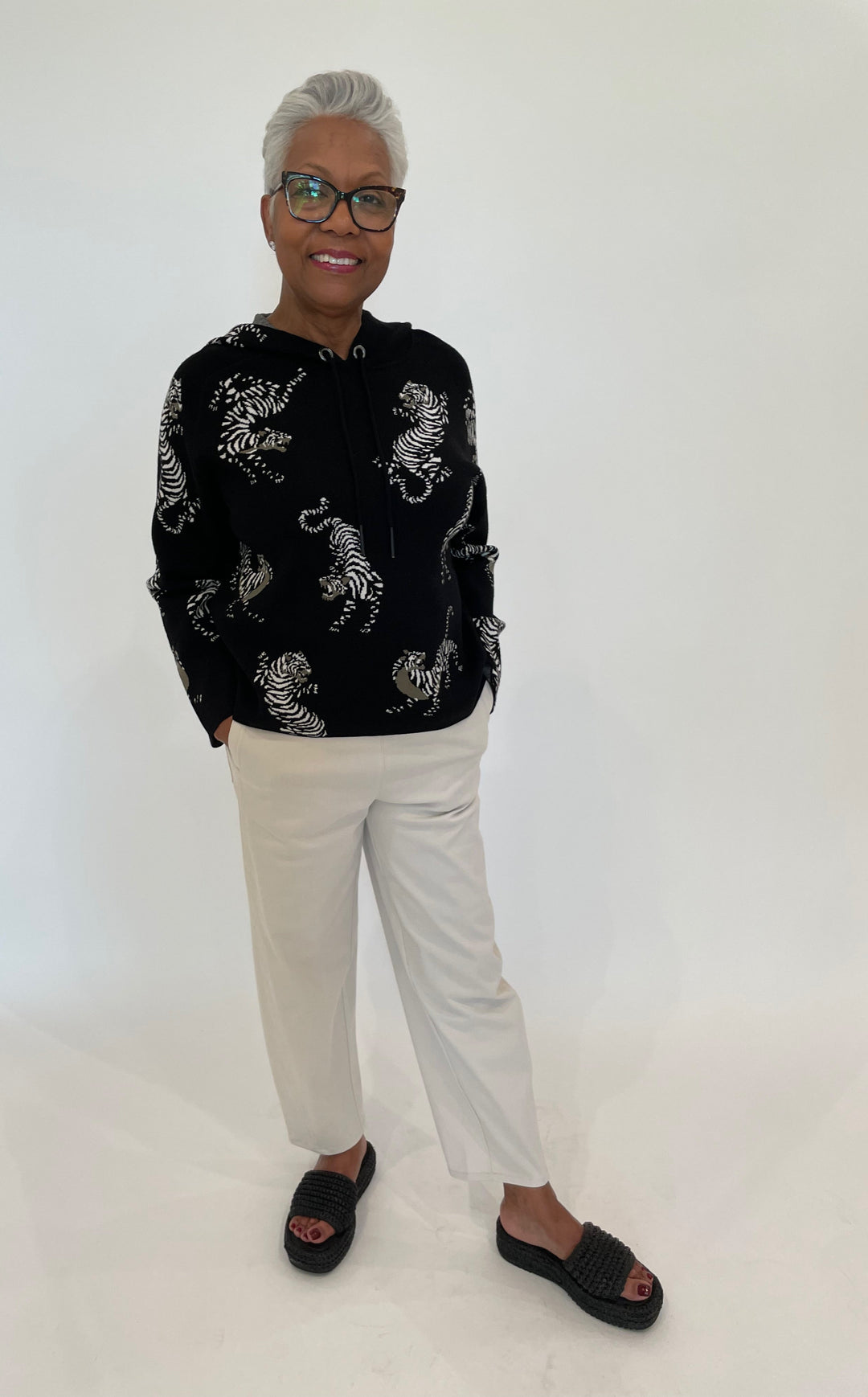 Oui Tiger Pullover Sweater in Black/Off White paired with Lysse Anelise Barrel Trouser in Oat available at Barbara Katz