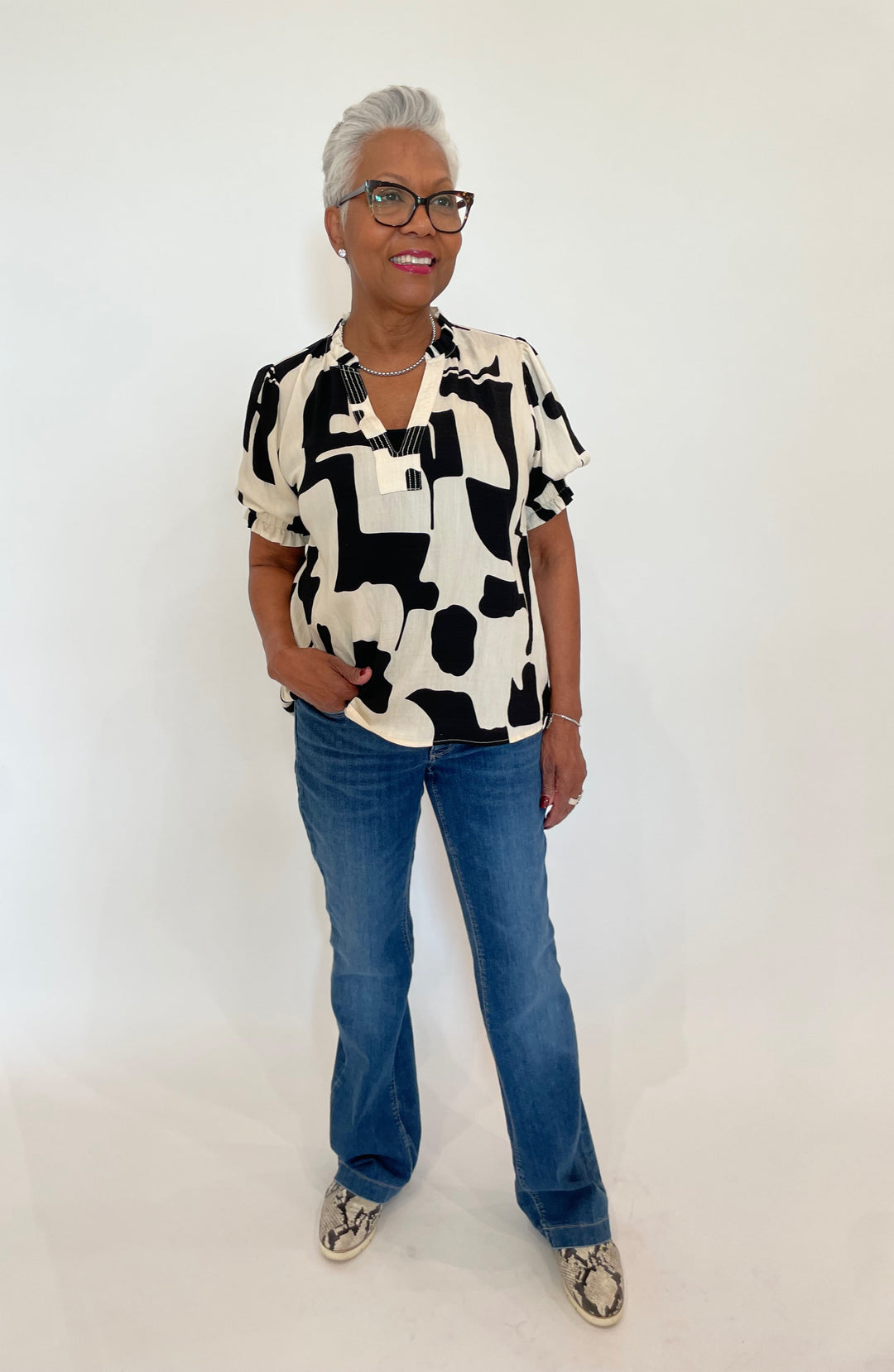 BK Betty Geo Print Top in Black paired with MAC Dream Boot Jeans in Super Vin Wash available at Barbara Katz