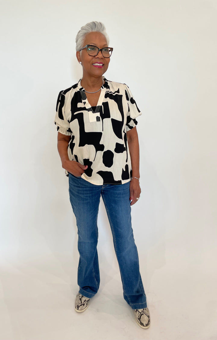 BK Betty Geo Print Top in Black paired with MAC Dream Boot Jeans in Super Vin Wash available at Barbara Katz