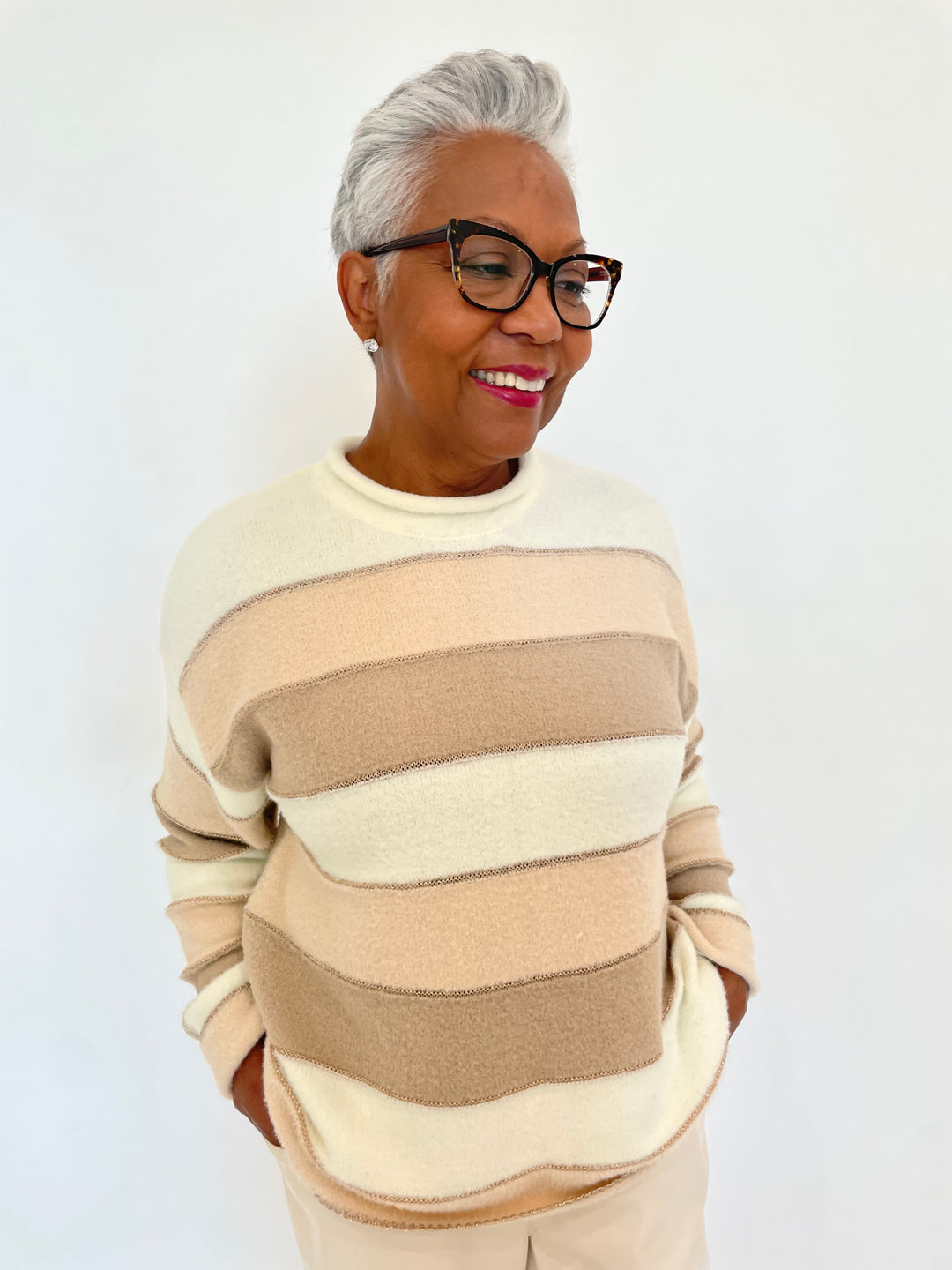 BK Chloe Stripe Knit Sweater in Beige available at Barbara Katz