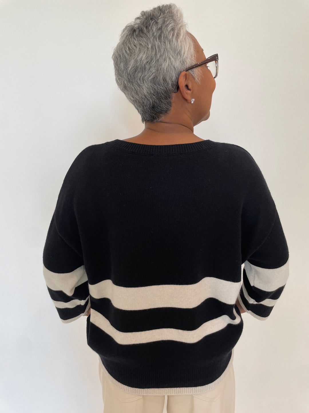 Oui Two Stripe Pullover Sweater in Black/Off White available at Barbara Katz