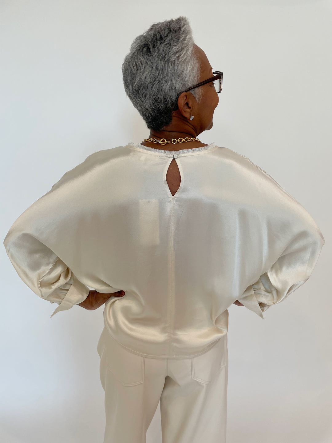 Melissa Nepton Layne Blouson Sleeve Satin Top in Platinum available at Barbara Katz