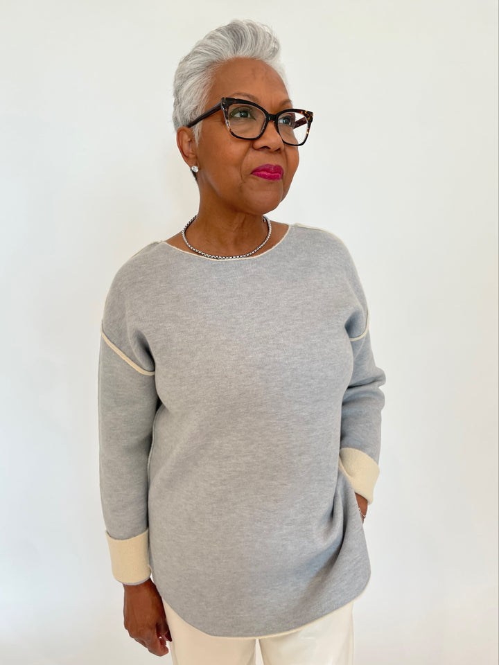 Oui Reversible Pullover Sweater in Light Grey/Camel available at Barbara Katz