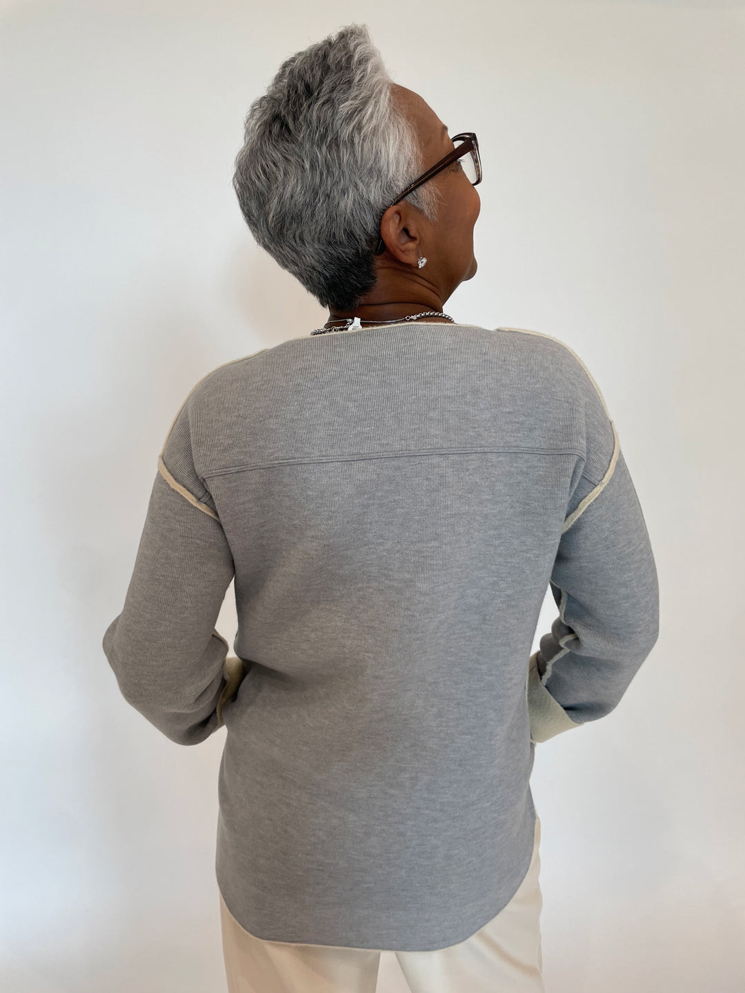 Oui Reversible Pullover Sweater in Light Grey/Camel available at Barbara Katz