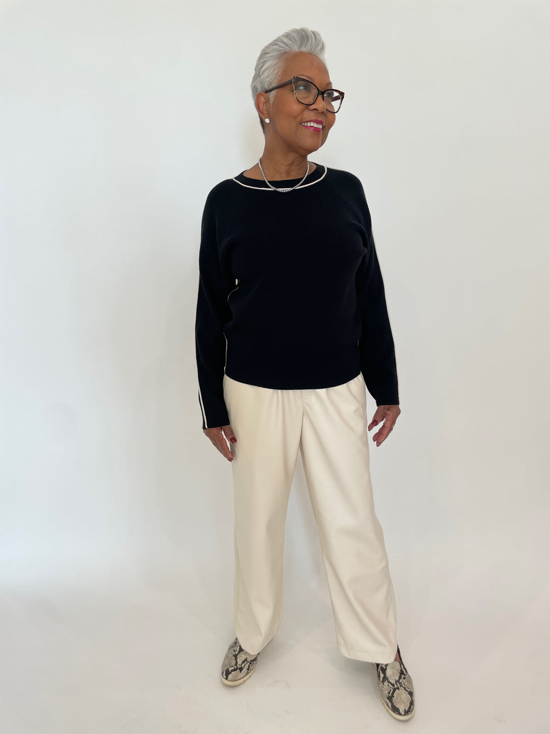 Oui Black Sweater with Contrast Piping paired with Melissa Nepton Andrew Vegan Wide Leg Pants in Cream available at Barbara Katz