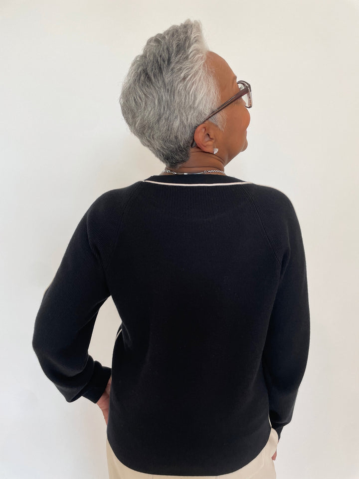 Oui Black Sweater with Contrast Piping available at Barbara Katz