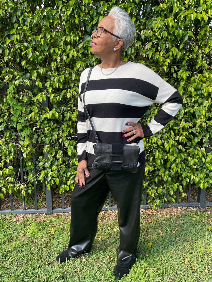 Melissa Nepton Andrew Vegan Wide Leg Pants in Black paired with Oui Multi Stripe Pullover Sweater in Black/Off White, Daniella Lehavi Eva Clutch Bag in Black Croco available at Barbara Katz