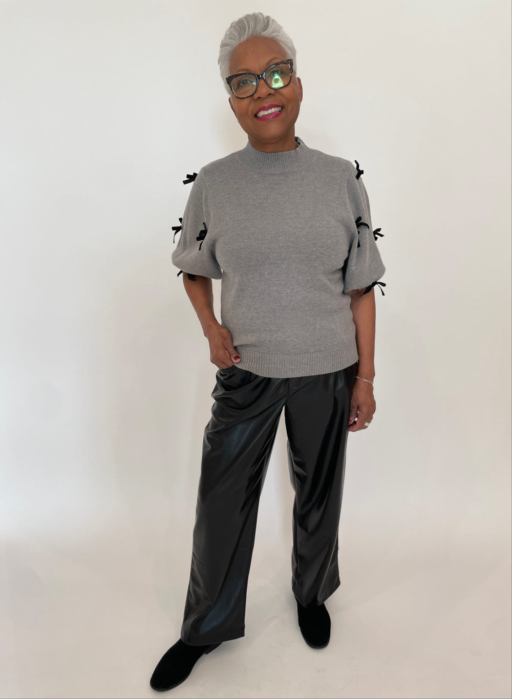 Melissa Nepton Andrew Vegan Wide Leg Pants in Black paired with BK Clara Bow Puff Sleeve Knit Top in Gray available at Barbara Katz