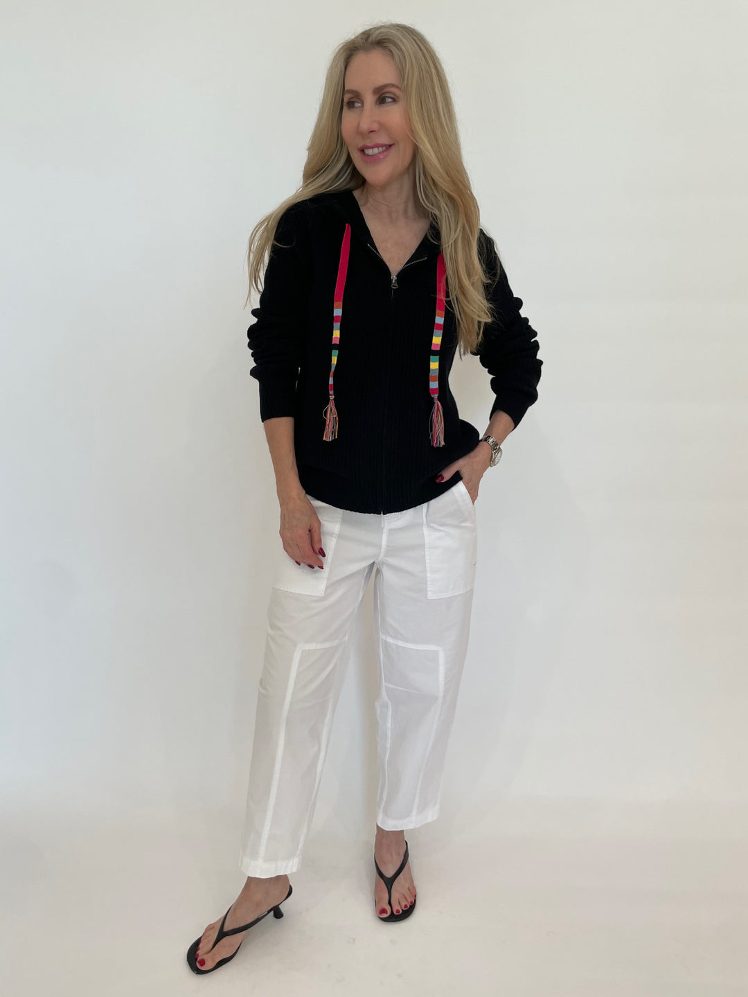 J Society Leslie Hoodie in Black paired with Marrakech Azure Pants in White available at Barbara Katz