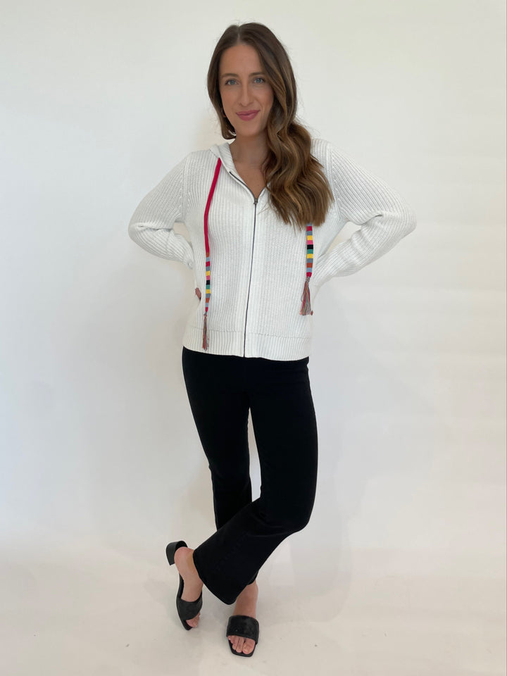 J Society Leslie Hoodie in White paired with Frame Jetset Crop Mini Boot Jeans in Sheen Noir available at Barbara Katz